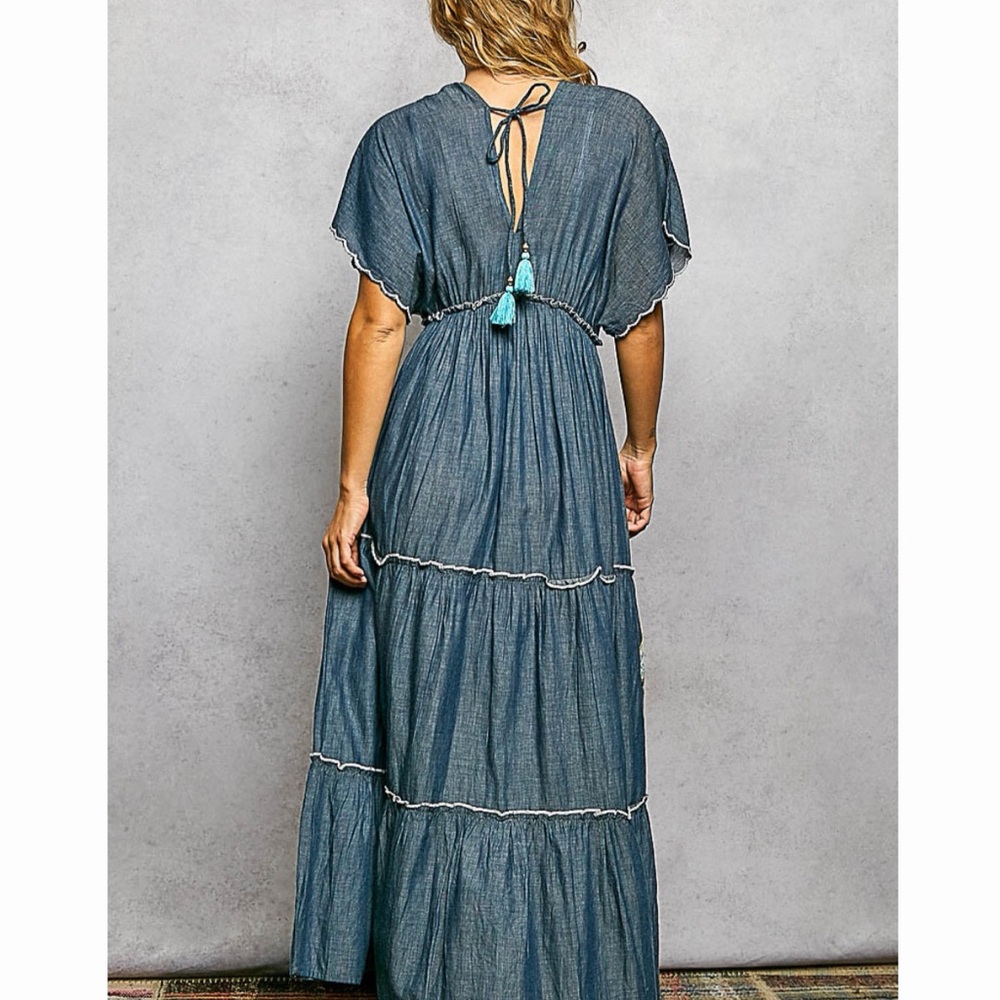 POL Blue Oversized Cotton Embroidered V Neck Maxi Dress w/Gold Detail! - Picture 6 of 7